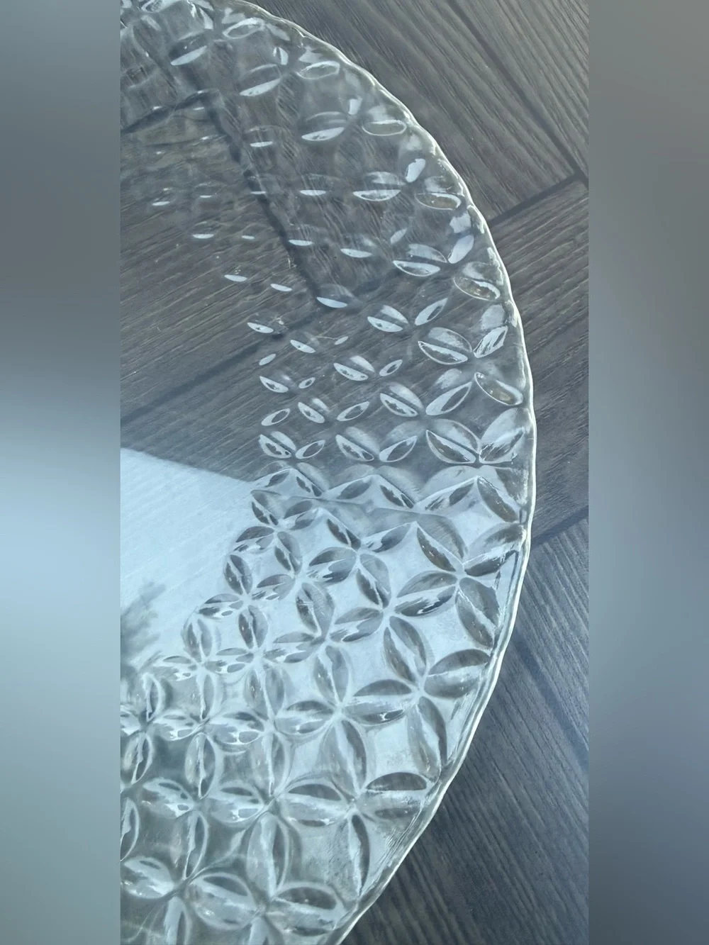 Vintage Italian Clear Pressed Glass Flat Platter Textured Geometric Petal Rim 13